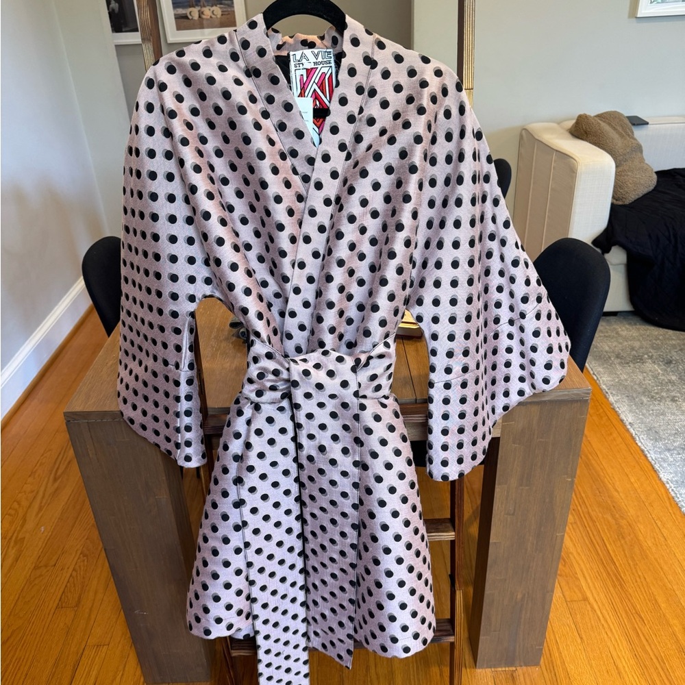 La Vie Style House Pink and Black Polka Dot Mini Wrap Dress - NWT